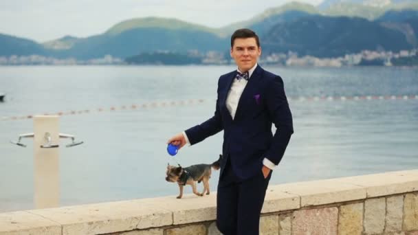 Novio guapo caminando el terrier lindo yorkshire en muelle soleado en Montenegro, Budva de cerca con hermoso paisaje marino en el fondo — Vídeo de stock