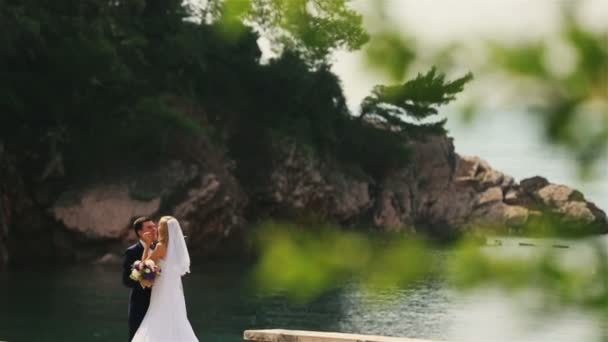 Encantadora novia y novio besándose suavemente con el maravilloso paisaje marino de Montenegro, Budva en el fondo — Vídeo de stock