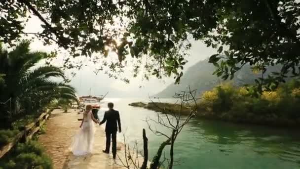 Joyeux couple de mariage marchant ensemble sur le vieux quai du Monténégro, Budva avec mer et montagnes sur fond — Video