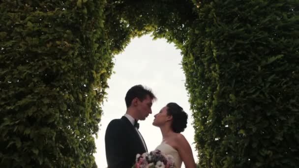 Hermosa pareja de boda besándose bajo el arco de hiedra verde — Vídeos de Stock