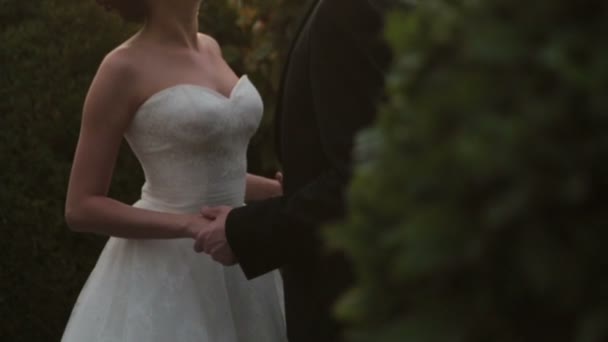 Couple de mariage se tiennent la main dans Elysian Fields. Coucher de soleil sur fond 