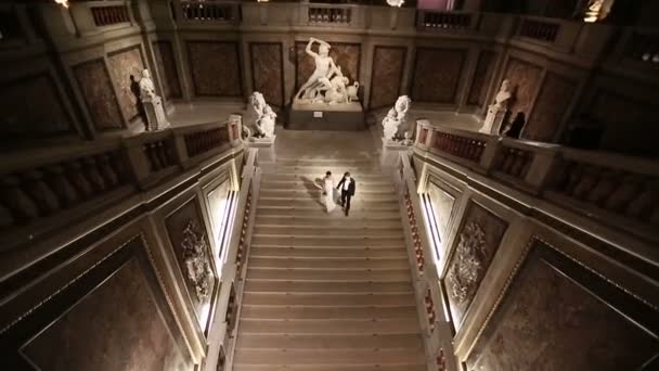 Matrimonio coppia scende da scale di lusso a Parigi — Video Stock