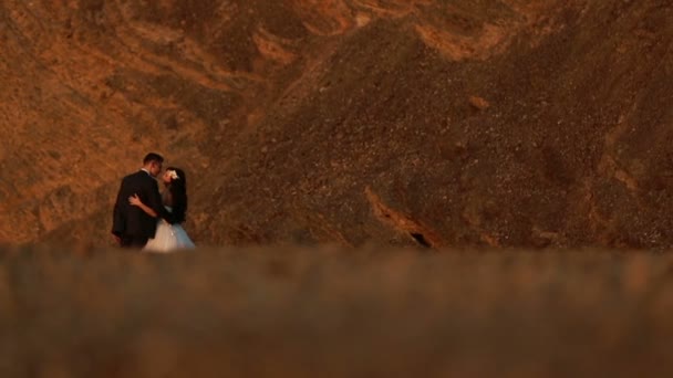 Mooie bruidspaar kussen zacht in de rocky mountains — Stockvideo
