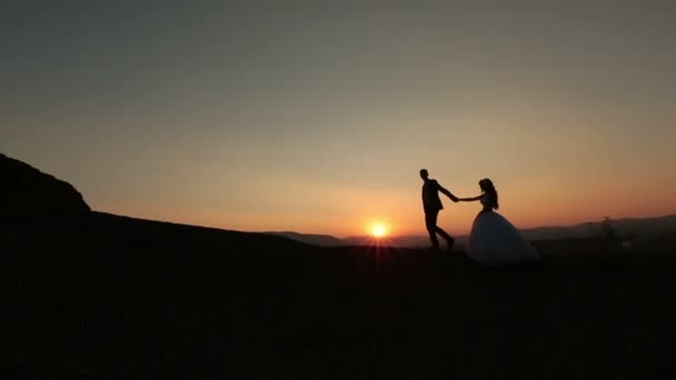 Жених и невеста ходят и держатся за руки в альпийских горах — стоковое видео