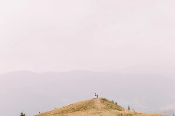 Mooie bruidspaar kussen op de top van berg — Stockfoto