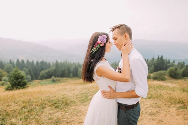 Vackra brudparet kysser på toppen av berg — Stockfoto