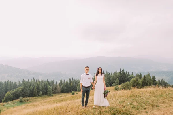 Verheugd huwelijksfeest paar hand in hand en lacht. Prachtige berglandschap op achtergrond — Stockfoto