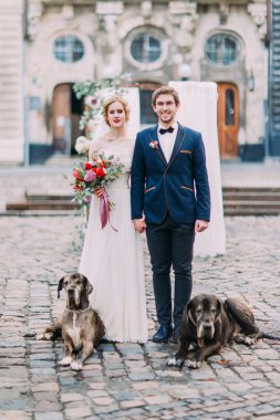 Şık gelin ve damat ve onların köpek evcil hayvan arka plan üzerinde antik Avrupa mimarisine sahip kamera için poz