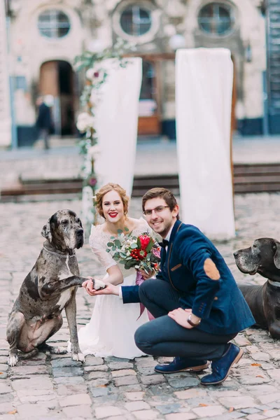 Casal de casamento atraente jovem posando com cão dando um pow com a arquitetura europeia antiga no fundo — Fotografia de Stock