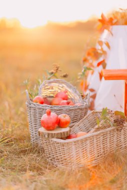 Gün batımı arka plan ile sepet içinde kırmızı elma yakın çekim