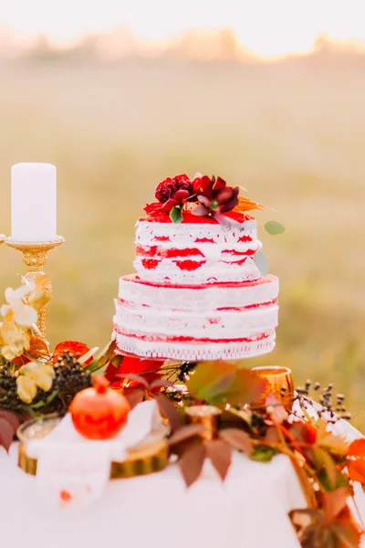 낙된 엽 장식 테이블에 웨딩 케이크 — 스톡 사진