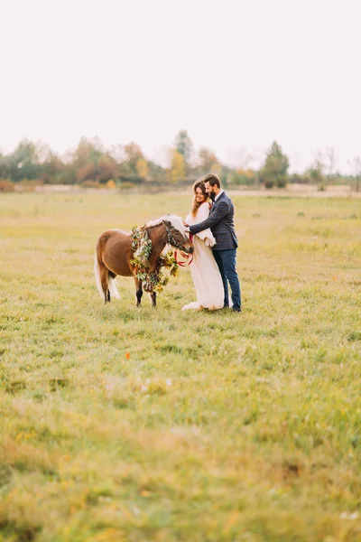 Mariée et marié caressant poney sur la prairie — Photo