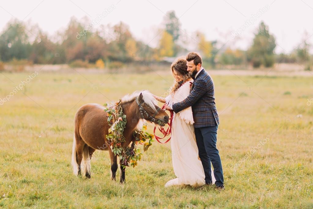 Lovely wedding couple stroking little pony on the field