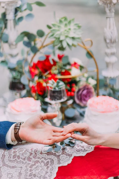 Feliz boda pareja suavemente cogidas de la mano de cerca — Foto de Stock