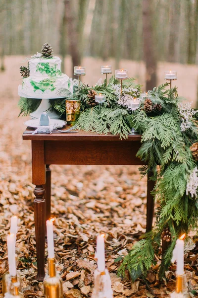 蛋糕和蜡烛在秋季森林里的老式桌子 — 图库照片