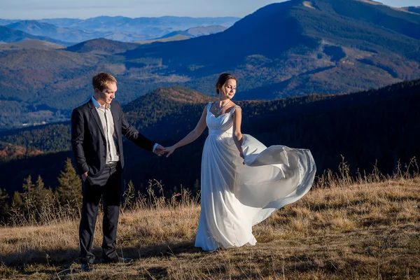 Красивая невеста и красивый жених держатся за руки на вершине горы. Медовый месяц — стоковое фото