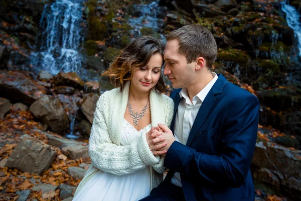 Happy bride and groom softly holding hands close up. Waterfall on background — Φωτογραφία Αρχείου