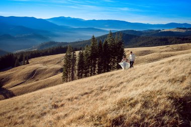 Wedding couple in the mountains. Honeymoon