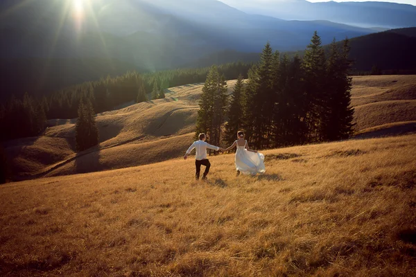 Feliz boda pareja corriendo y divirtiéndose en el campo rodeado de montañas —  Fotos de Stock