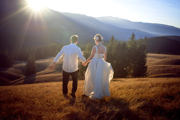 Encantadora pareja de boda caminando por el camino. Montañas alpinas de fondo. Luna de miel . —  Fotos de Stock
