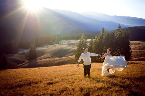Piękny ślub para działa i o zabawy na polu, w otoczeniu gór — Zdjęcie stockowe