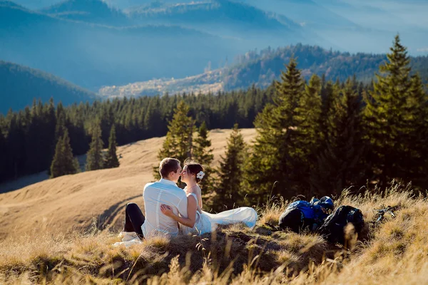 ロマンチックな結婚式のカップルは、フィールドの上に座って。アルプス山脈の美しい風景 — ストック写真