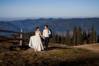 Yürüyüş ve kırsal kesimde dağlar üzerinde el ele tutuşarak güzel düğün Çift