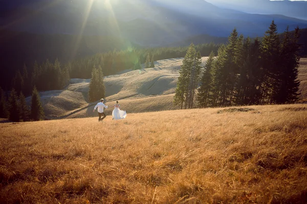 Beau couple de mariage courant et s'amusant sur le terrain entouré de montagnes — Photo