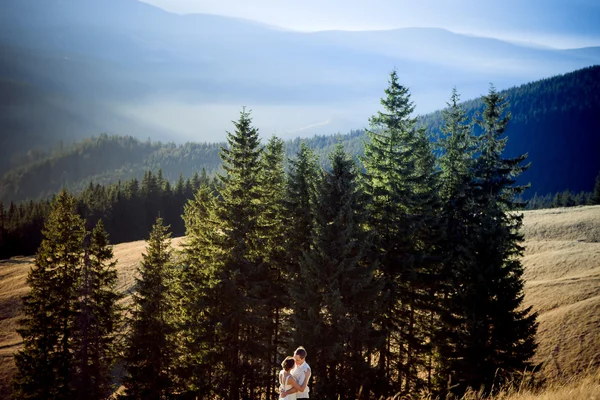 Mooie bruidspaar knuffels zacht. Geweldig berglandschap op achtergrond — Stockfoto