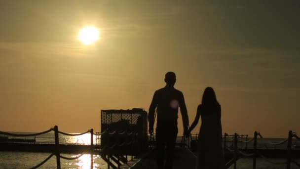 Silhouettes de couple de mariage marchant sur la plage en Egypte — Video