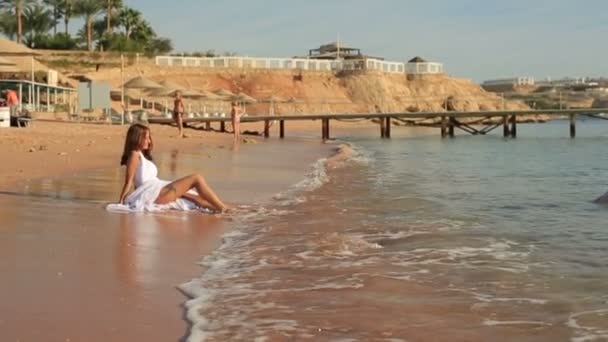 Noivo e noiva brincando se divertindo na praia. Dia ensolarado no Egito — Vídeo de Stock