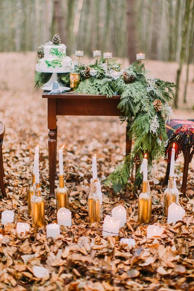 蛋糕和蜡烛在秋季森林里的老式桌子 — 图库照片