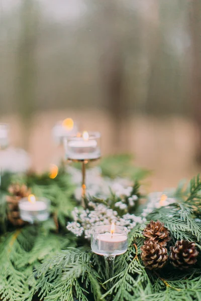 Lovely candles and spruce branches on the table in autumn forest — Stock Photo, Image