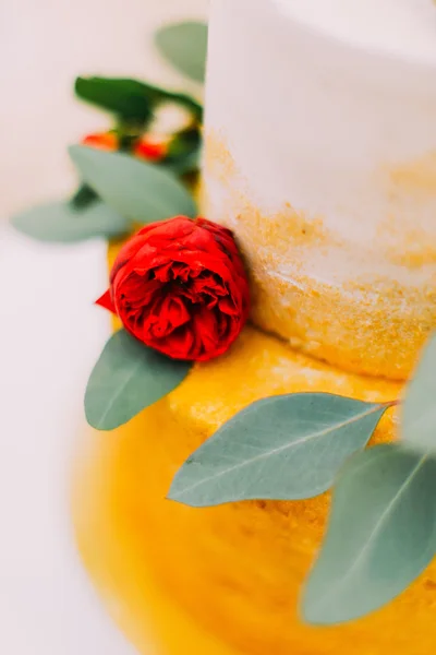 레드 장미 아름 다운 웨딩 케이크에 가까이 — 스톡 사진