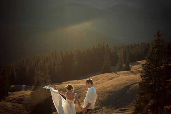 Wedding couple posing. Beautiful mountains on background