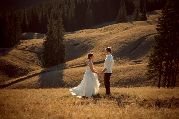 Romantyczny ślub para trzymając ręce na szczycie góry — Zdjęcie stockowe