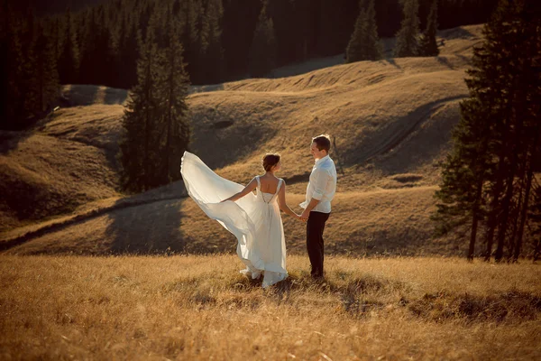 Hermosa novia y novio tomados de la mano en la cima de la montaña —  Fotos de Stock