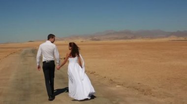 Mutlu genç Düğün çifti yürür ve çölde ellerimi. Mısır'daki balayı