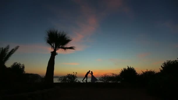 Silhouettes de couple merveilleux tenant la main et s'embrassant. Coucher de soleil romantique sur fond — Video