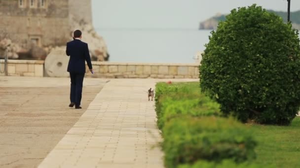 Bruidegom wandelen met de hond op zonnige steegje in Montenegro, Budva — Stockvideo