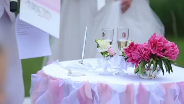 Hochzeitspaar unterschreibt die Heiratsurkunde. Hochzeitstag — Stockvideo