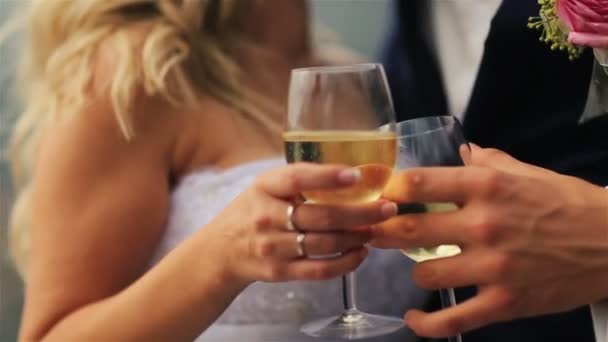 Bruidspaar schuimende champagne drinken close-up — Stockvideo