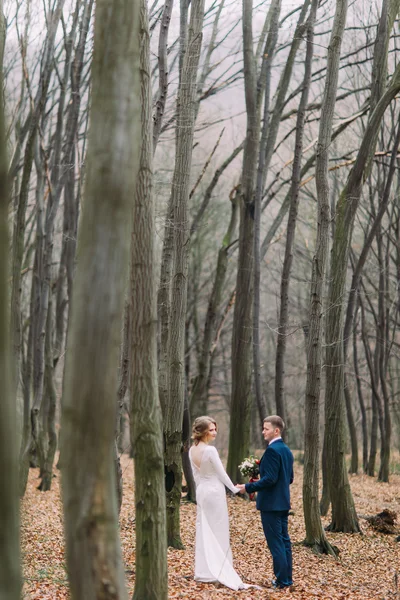 Pareja de boda caminando juntos en el bosque mágico de otoño. Recién casados enamorados . — Foto de Stock