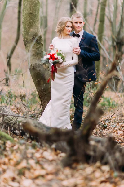 Bonita feliz jovem casamento elegante casal abraçando perto da árvore tronco na floresta de outono . — Fotografia de Stock