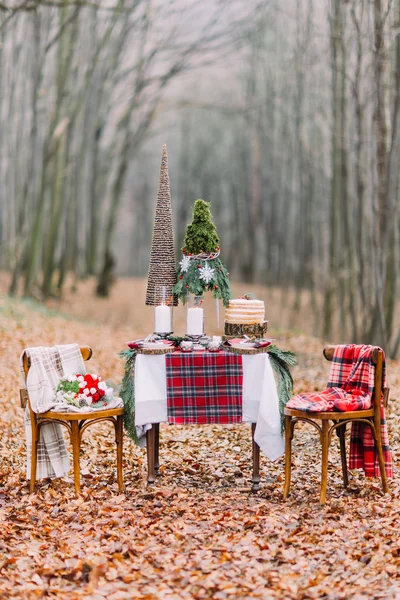 Table creatively setted for two and decorated with christmas decorations  in the autumn forest — Stock Photo, Image