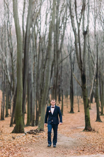 Bonito noivo em trajes elegantes caminha na floresta de outono — Fotografia de Stock