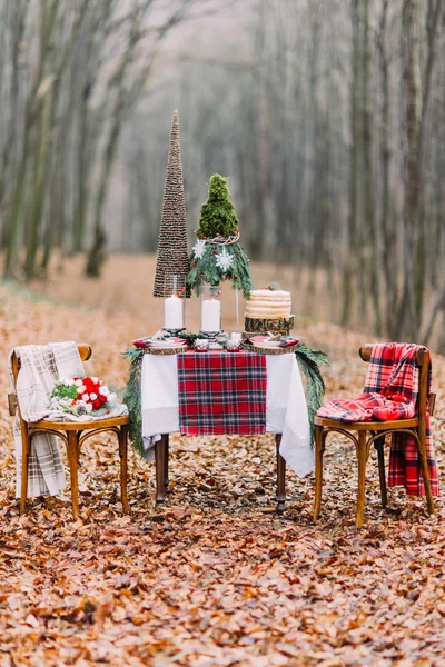 Table creatively setted for two and decorated with christmas decorations  in the autumn forest — Stock Photo, Image
