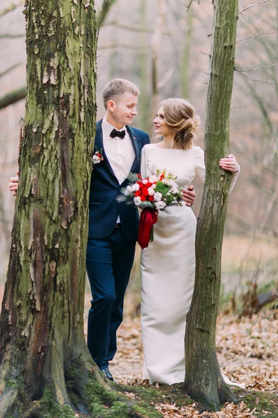 Casal bonito andando entre árvores sem folhas na floresta de outono . — Fotografia de Stock