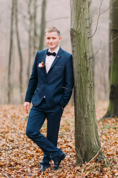 Yakışıklı emin damat sonbahar orman bir ağaca yakın poz ve gülümseyen takım elbiseli. Düğün günü