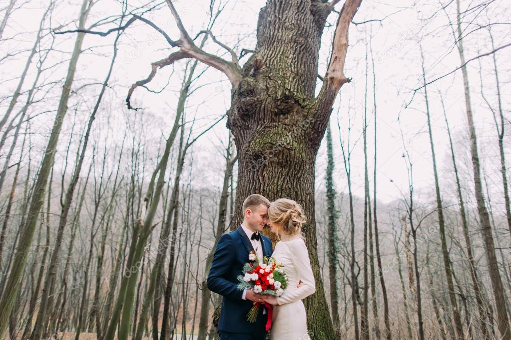 Beautiful young wedding couple holding hands near the big leafless tree in autumn forest.